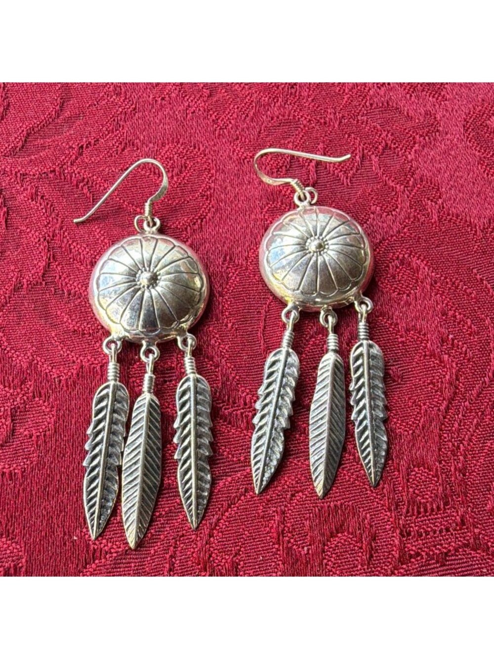 Vintage 925 Sterling Silver Southwestern Concho Feather Dangle Drop Earrings